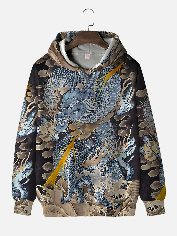 Ukiyo-e Blue Dragon In Sea Of Clouds And Lightning Printing Hooded Sweatshirt BestDVibe