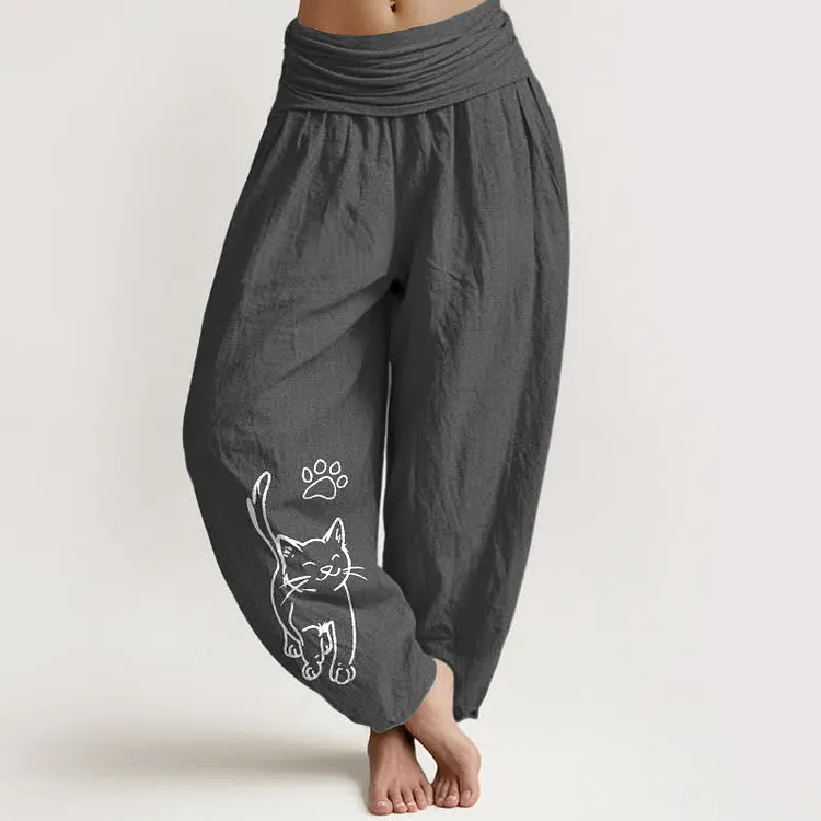 Cotton Cute Cat Print Women's Harem Elastic Waist Pants