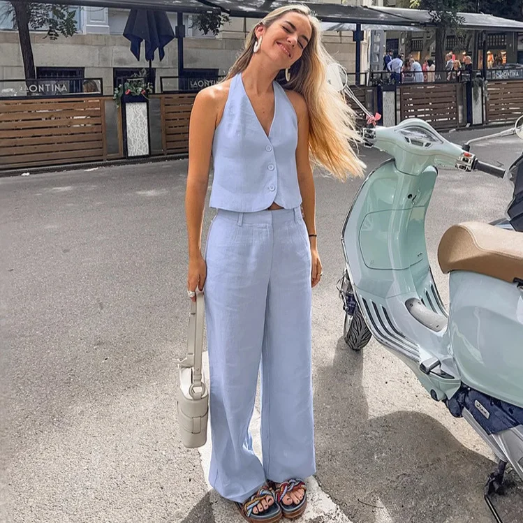 Blue Cotton Linen Sleeveless Waistcoat Vest Trousers Suit