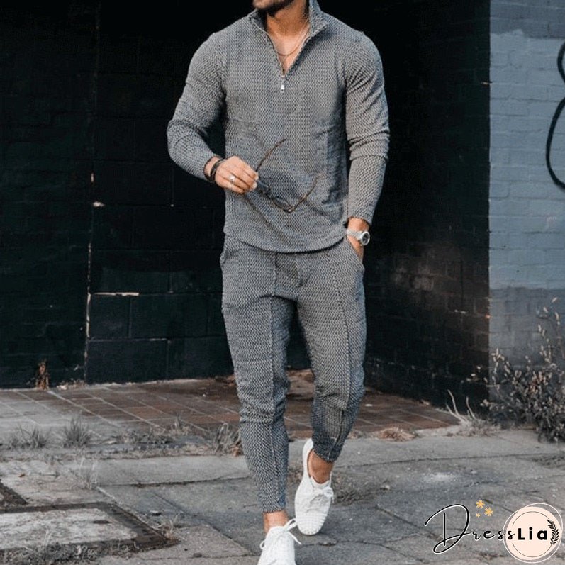 Men's Activewear Casual Half Zip Stand Collar Long Sleeve Pullover T-Shirt and Pant Set Men's Streetwear Solid Color 2 Piece Set