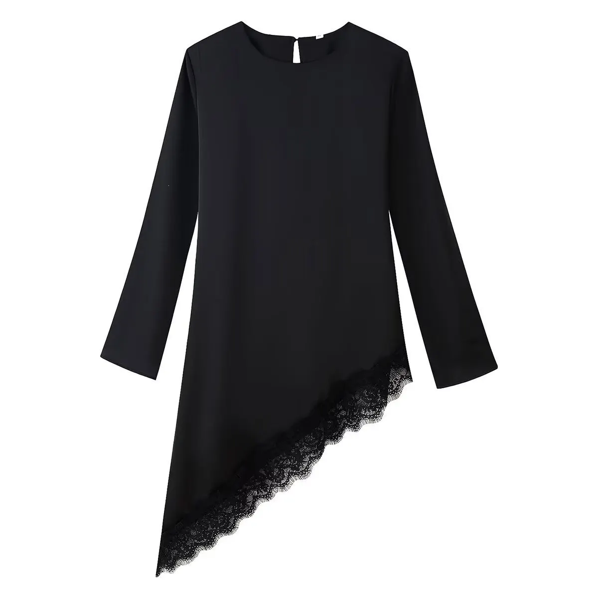 Solid Round Neck Long Sleeve Mid Waist Ruched Lace Splicing Irregular Midi Dress