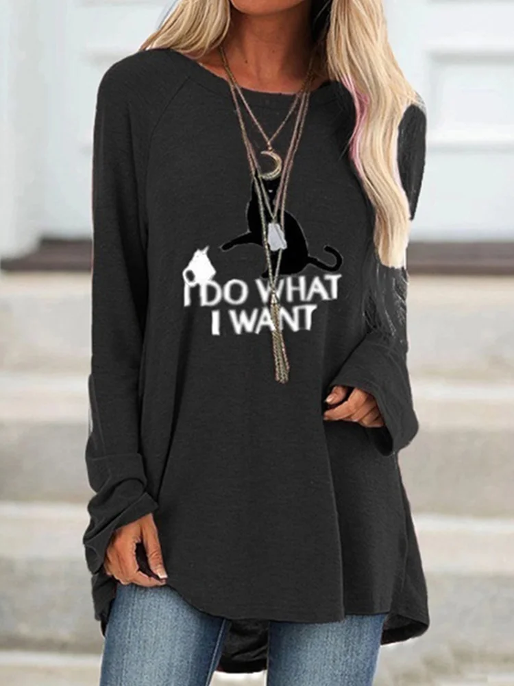 I Do What I Want Funny Cat Printed Long-Sleeve Tunic