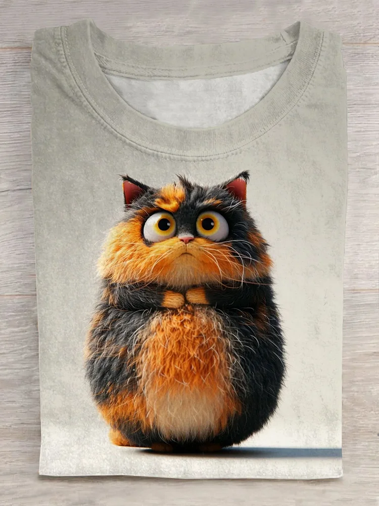Cute Fluffy Cat Art Print Short Sleeve Casual T-shirt