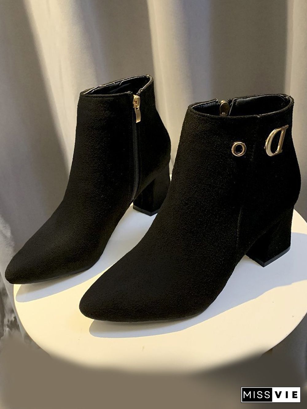 Side Zip Faux Suede Pointed Toe Chunky Heel Booties