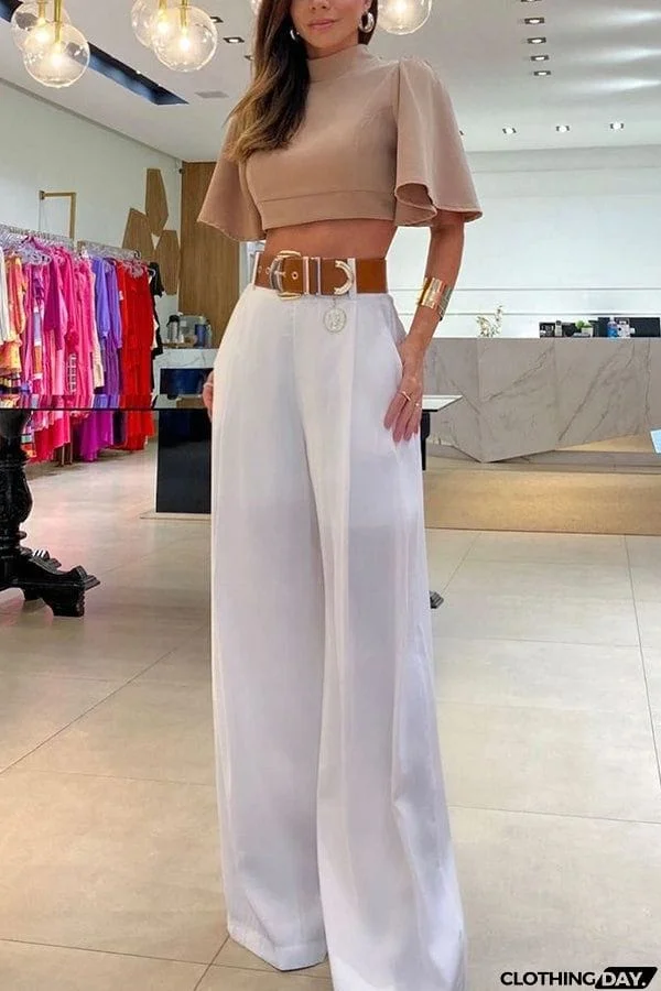 Natti Bell Sleeve Crop Top and Pocketed Wide Leg Pants Set