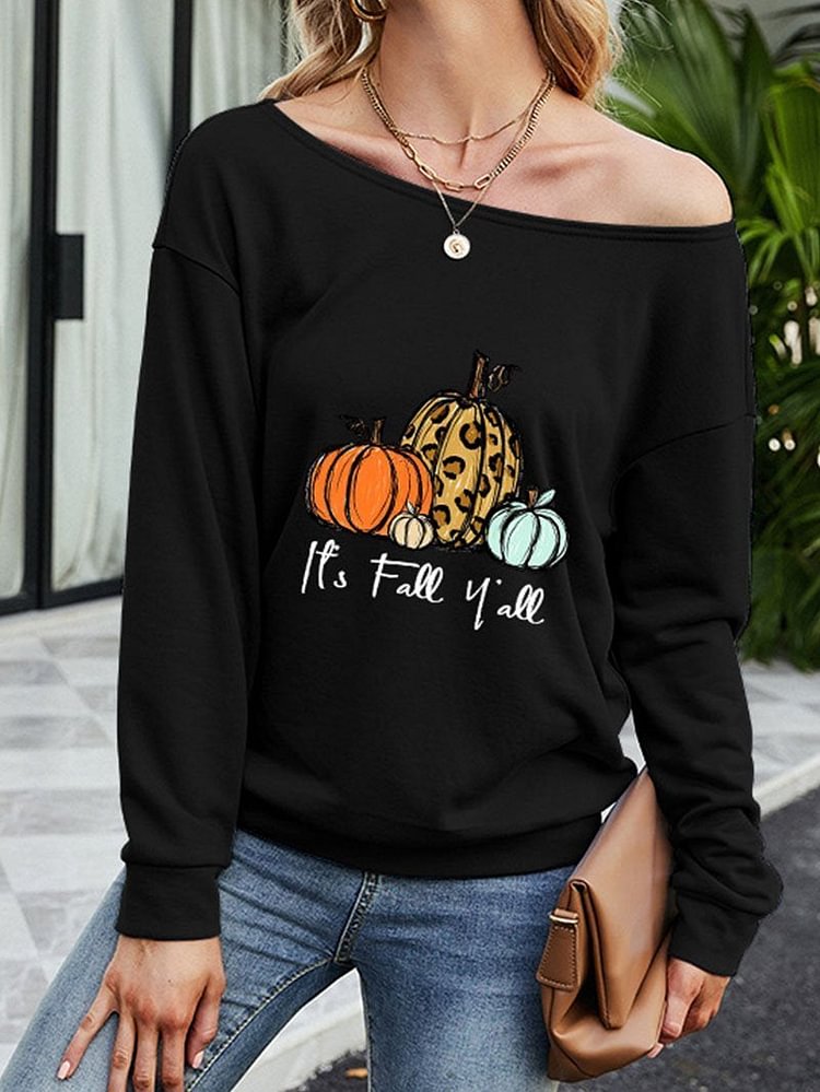 Halloween printed off-shoulder long-sleeved casual T-shirt top