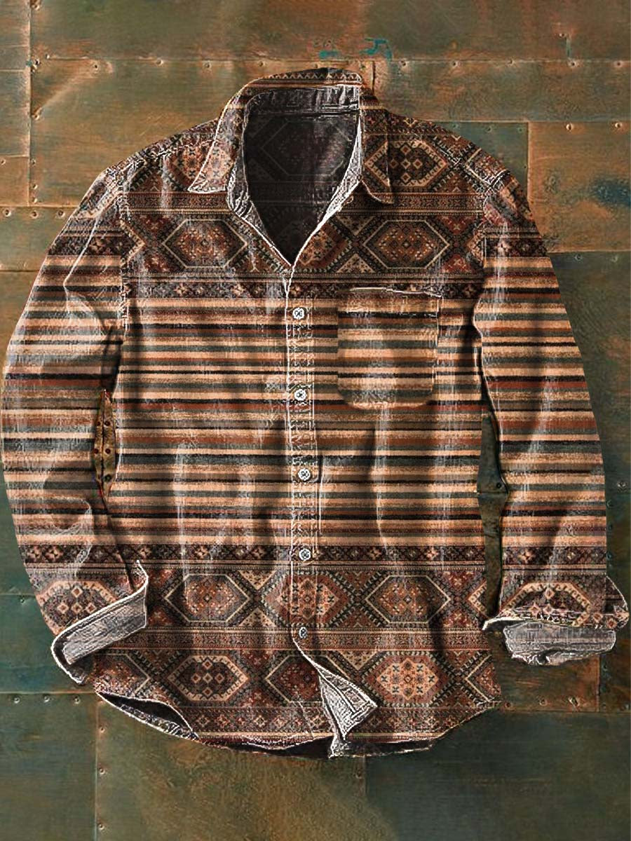 Men's Vintage Western Style Pattern Printed Casual Lapel Long Sleeve Shirt