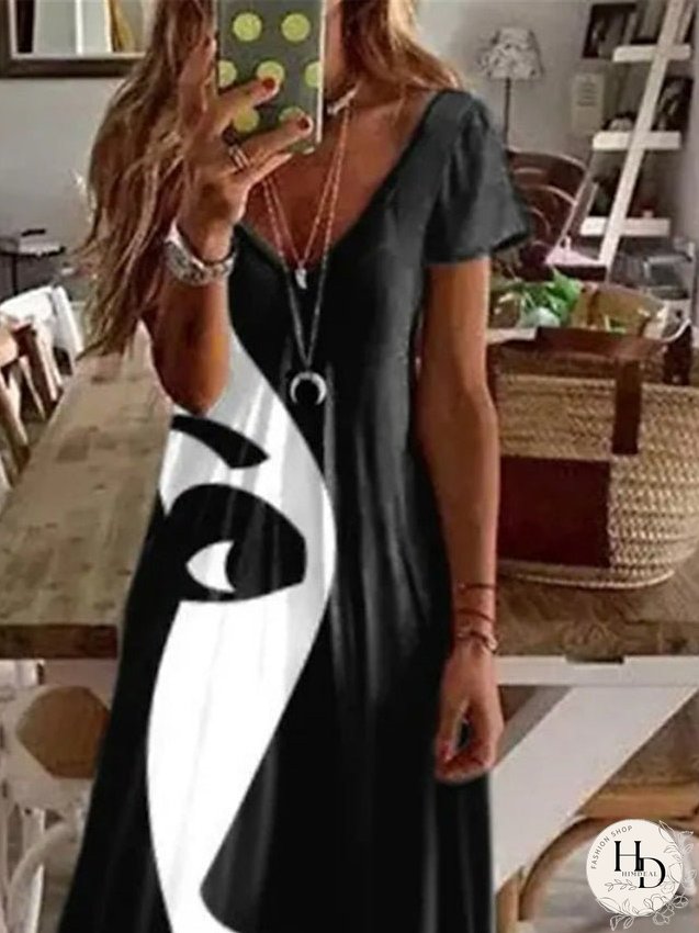 Casual Dress Shift Dress Long Dress Maxi Dress Black Short Sleeve Abstract Pocket Summer Spring V Neck Vacation S M L XL XXL 3XL for Women