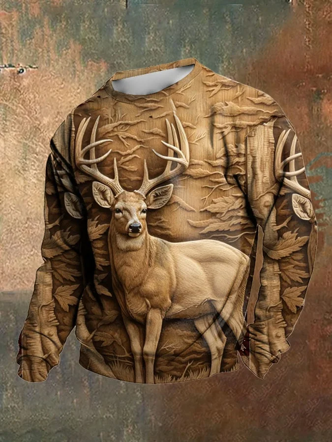 Men's Retro Western 3D Deer Pattern Print Crew Neck Sweatshirt