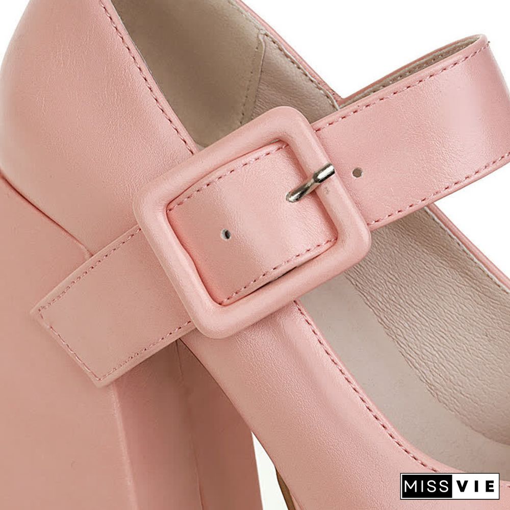Pure Color Chunk High Heel Mary Janes Shoes