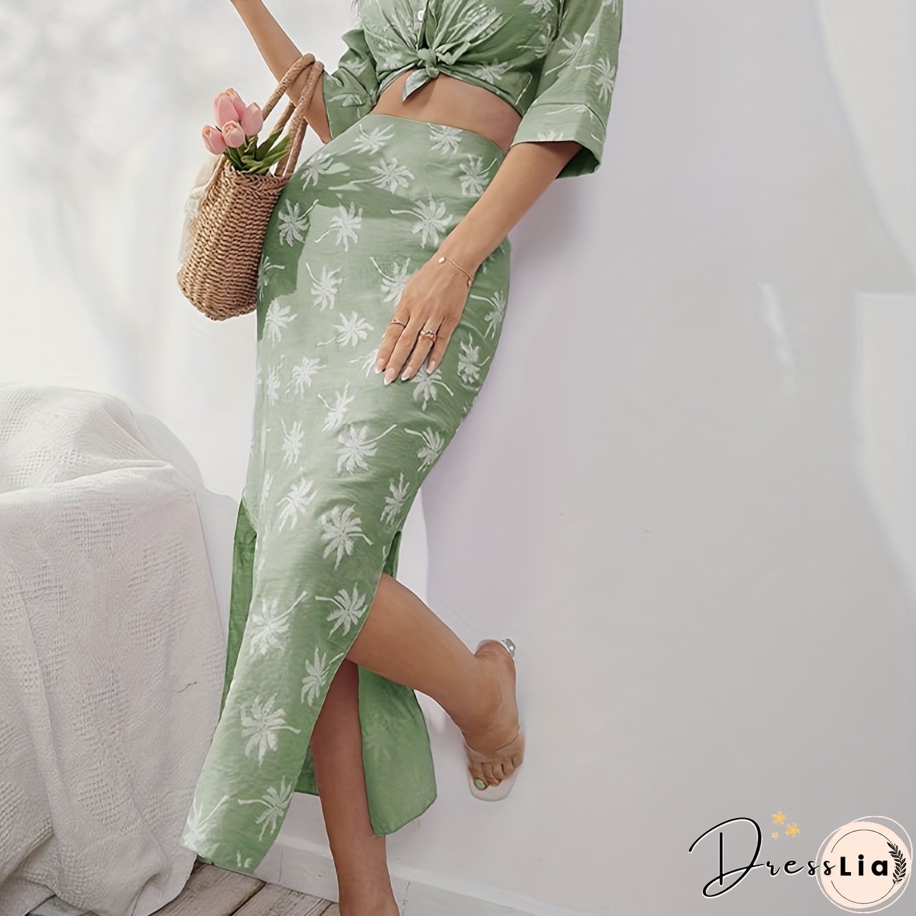 Coconut Tree Print Two-Piece Set Button Front Cropped Shirt High Waist Split Skirts