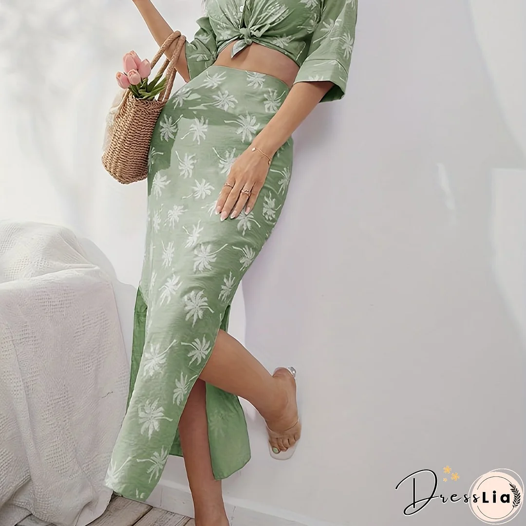 Coconut Tree Print Two-piece Set, Button Front Cropped Shirt & High Waist Split Skirts Outfits, Women's Clothing
