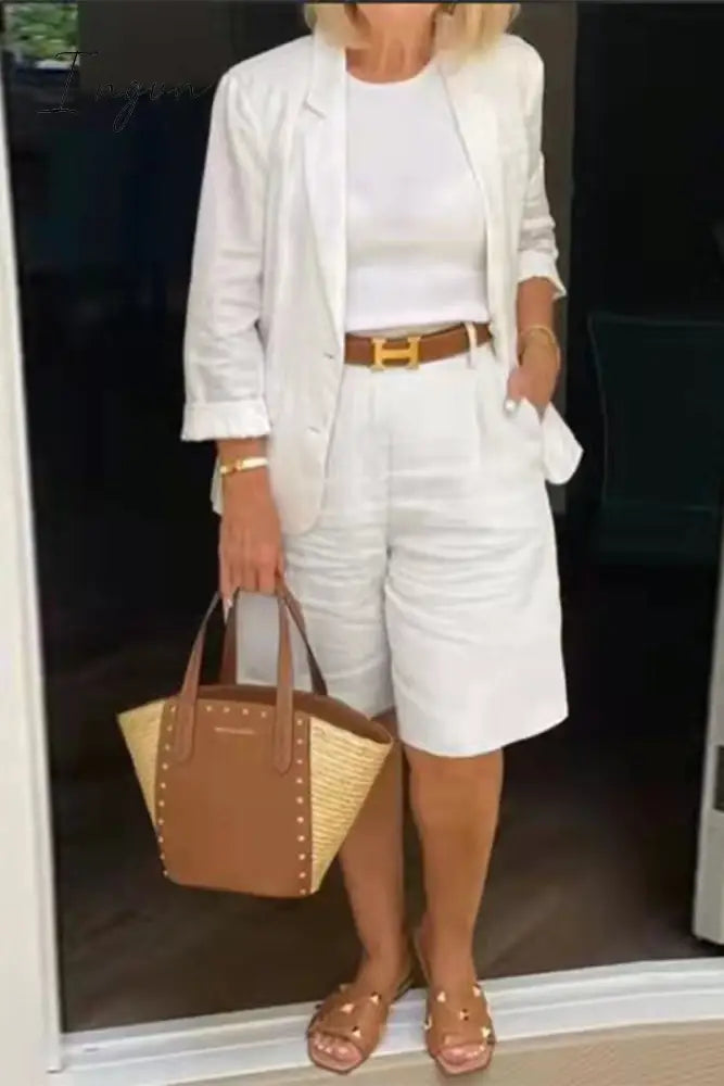 Ingvn - Casual Simplicity Solid Color Turn-Back Collar Nine Points Sleeve Two Pieces(4 Colors)