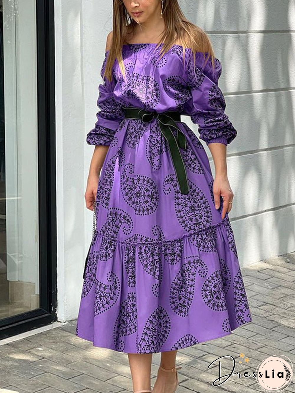 Women'S Dresses One-Shoulder Belted Long Sleeve Print Dress