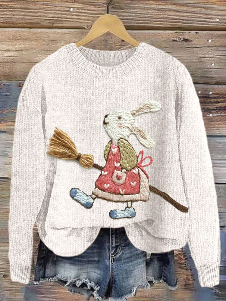 Cute Bunny Embroidery Art Cozy knit Sweater wearshes