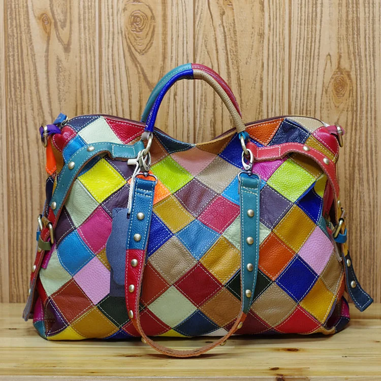 Fashion Multicolor Leather Rhomboids Spliced Handbag