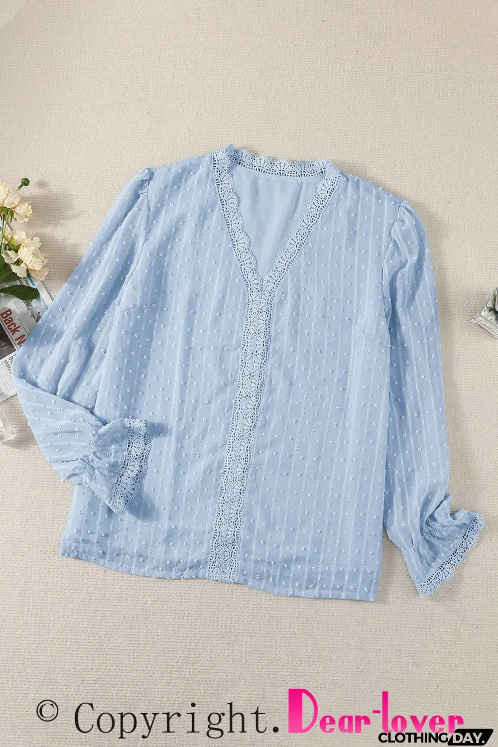 Elegant V-Neck Swiss Dot Lace Blouse