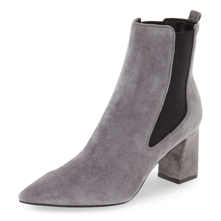 Grey Chelsea Boots Vegan Suede Chunky Heels Pointy Toe Ankle Boots |FSJ Shoes