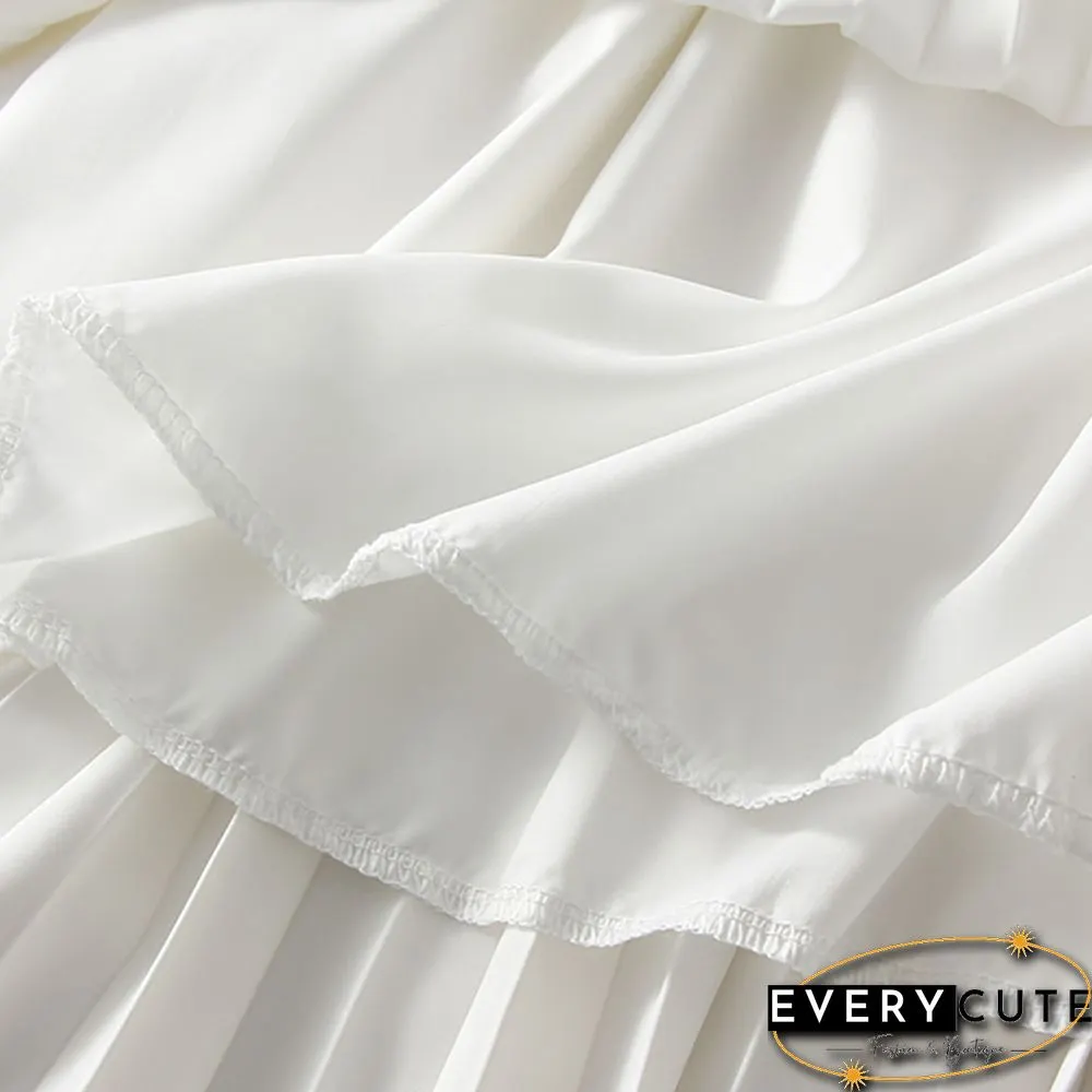 White Elastic Waist A-line Pleated Maxi Skirt