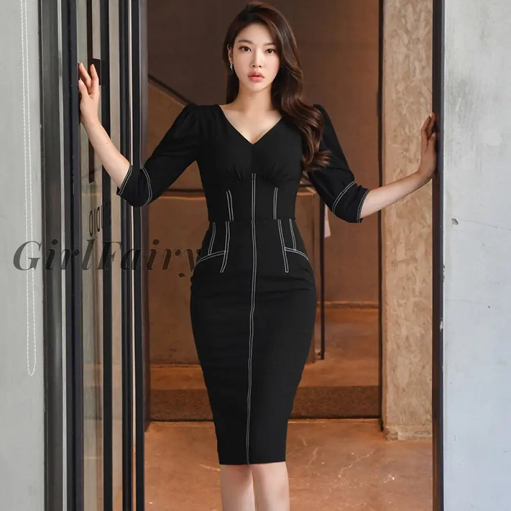 Women Autumn Sexy Ol Work Wear 2 Pieces Set V Neck Puff Sleeve Blouses + Sheath Pencil Bodycon Skirt