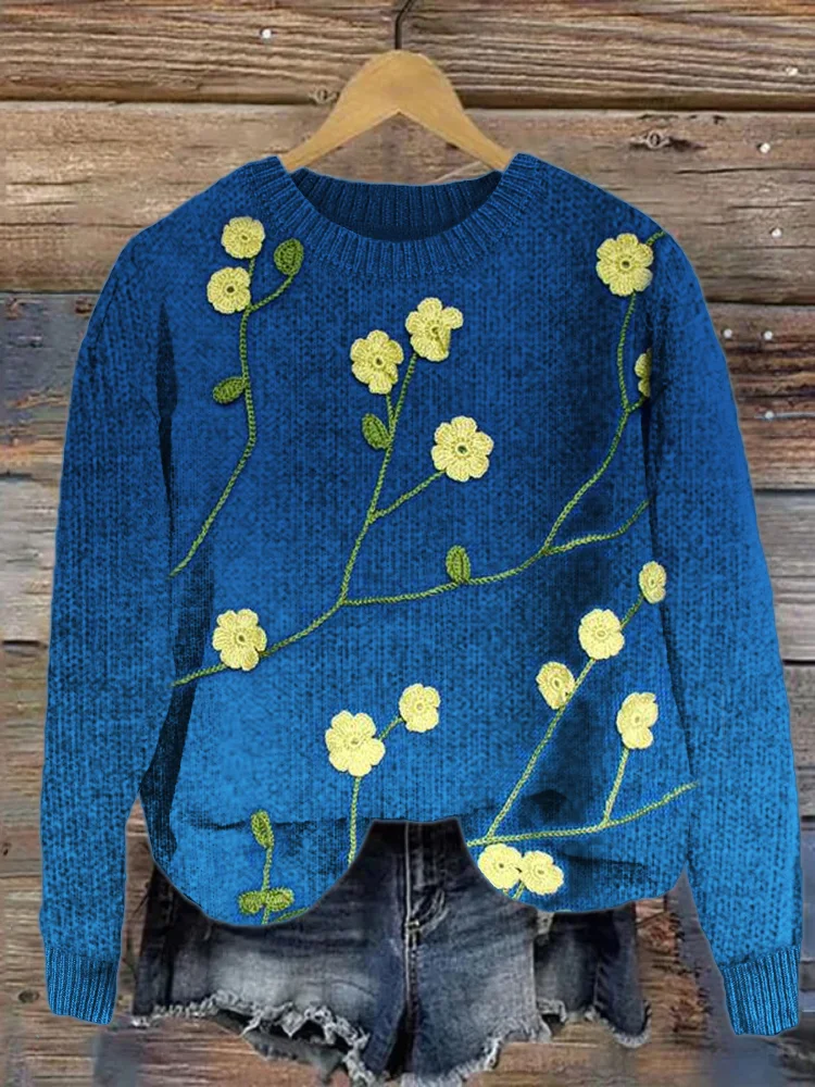 Floral Vines Crochet Art Gradient Cozy Knit Sweater