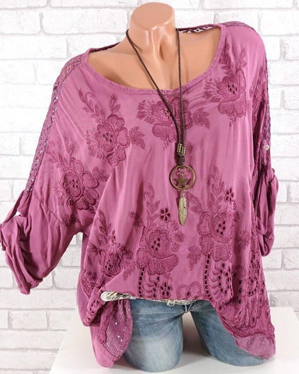 Embroidered Hollow Long-sleeved Blouses Plus Size Tops