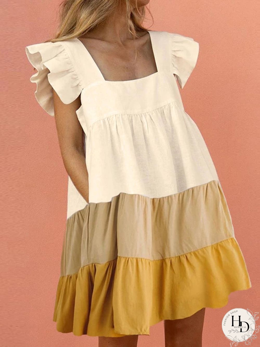 Women Ruffled Mini Dress Summer Cute Square Collar Pocket Dresses Elegant Butterfly Sleeve Beach Party Female Dresses Vestidos