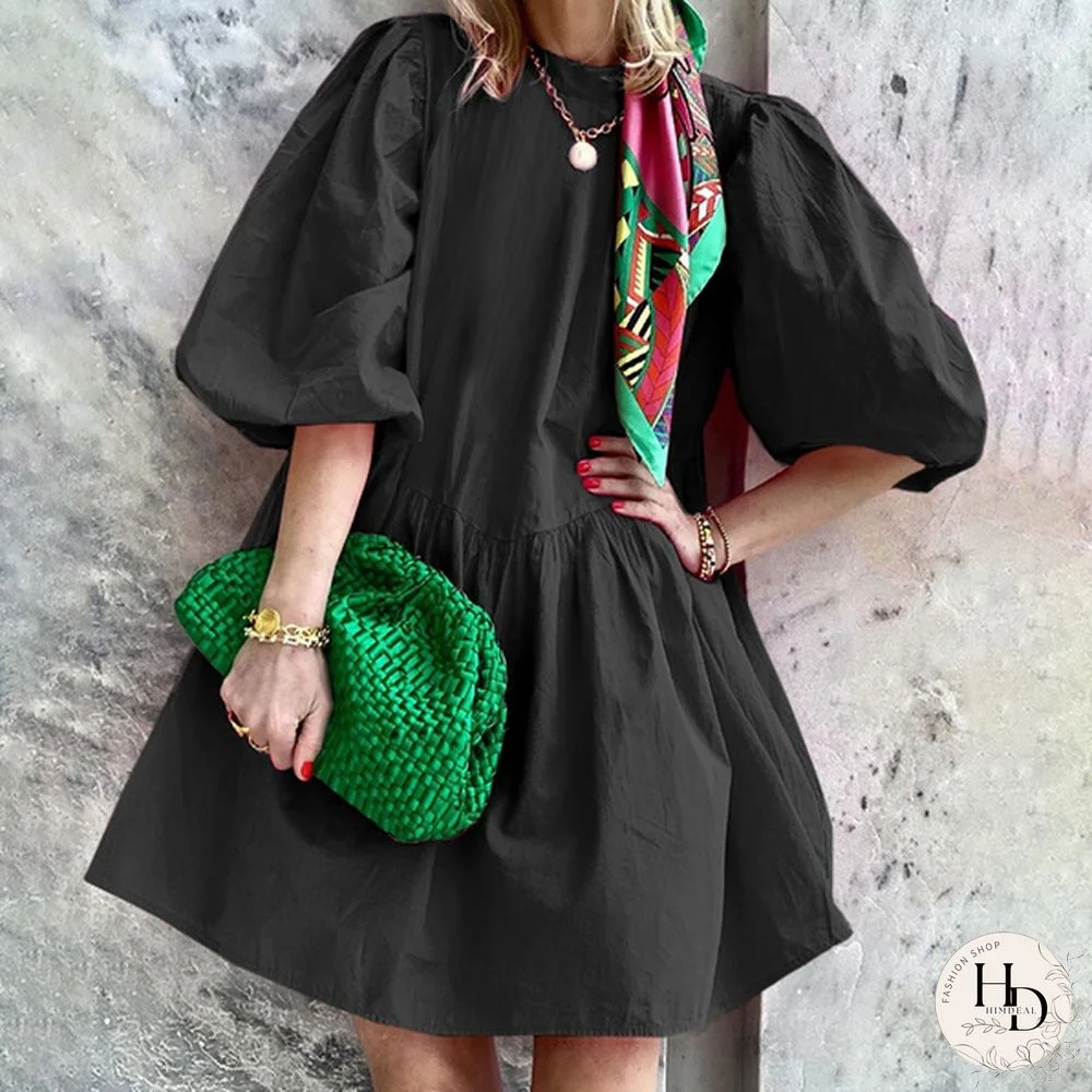 Women's Fashion Summer Mini Dress Plus Size Solid Color 3/4 Sleeve Tunic Dress Holiday Party Blouse Dress Kleid