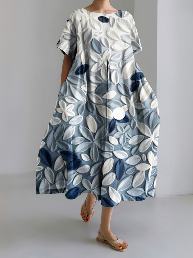 Comstylish Gradient Oil Painting Flower Art Print Round Neck Casual Midi Dress