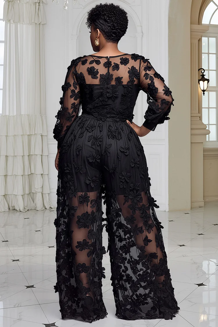 Xpluswear Design Plus Size Cocktail Party Black Round Neck Long Sleeve 3D Elegant See Through Jumpsuits