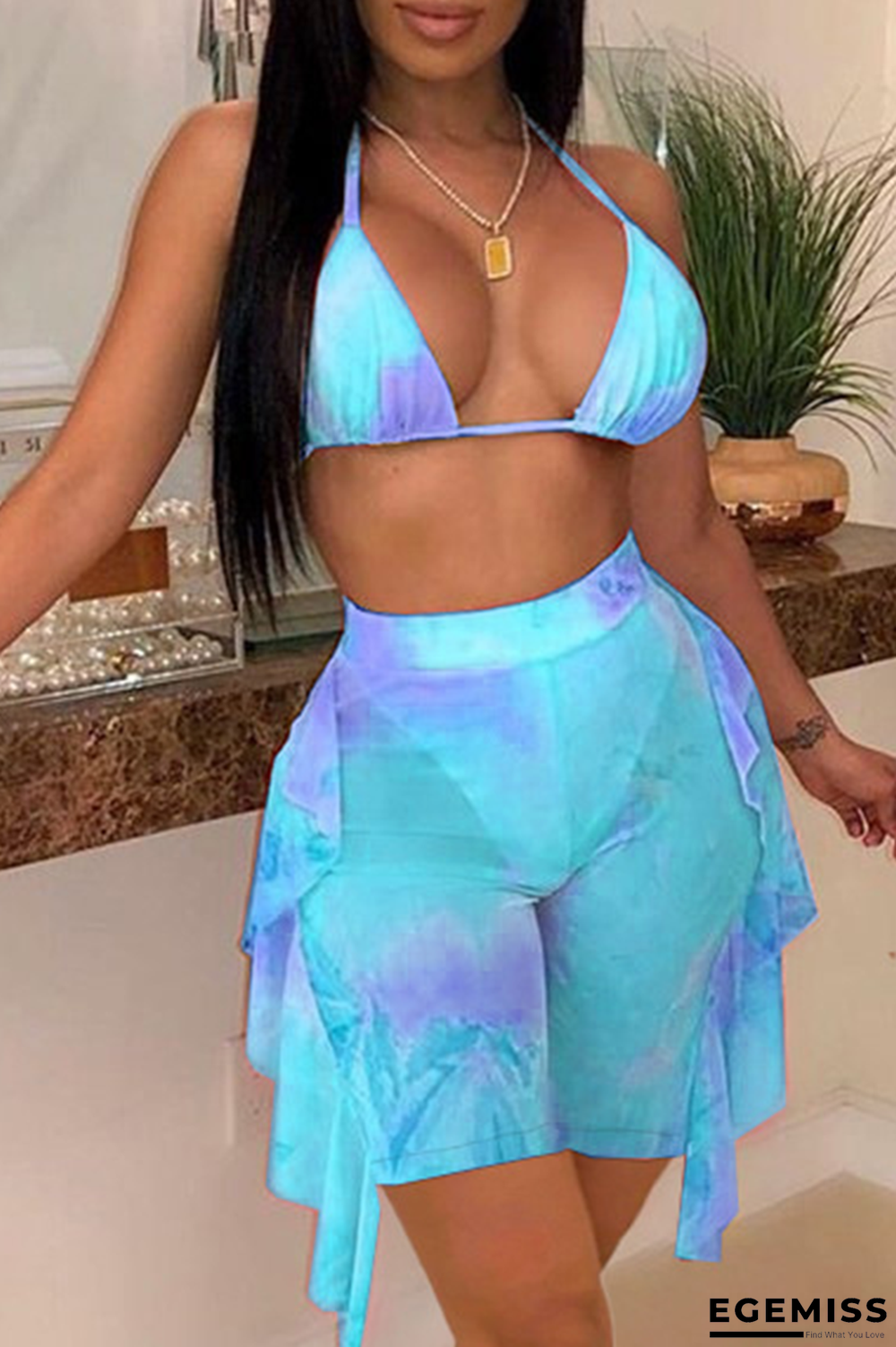 Baby Blue Sexy Print Patchwork Swimwears | EGEMISS