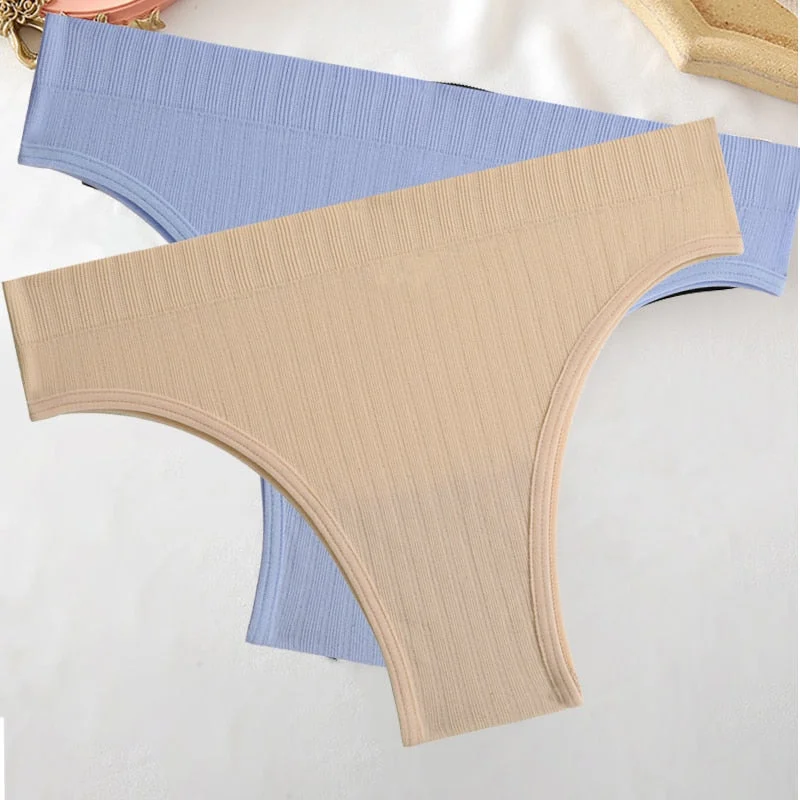 FINETOO 2PCS/Set M-XL Women Seamless Pantys 9 Solid Colors Sexy Brazilian Panties  Midi-Waist Underpants For Girls Fashion Thong