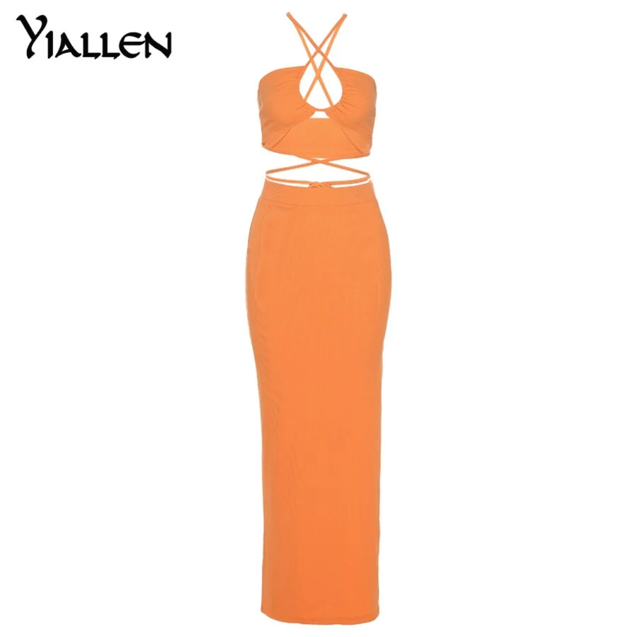 Yiallen Summer New Camisole Two Piece Skirt Set Fashion Casual Party Vacation Beach Solid Rib Knit Long Skirt Set Hot Sale