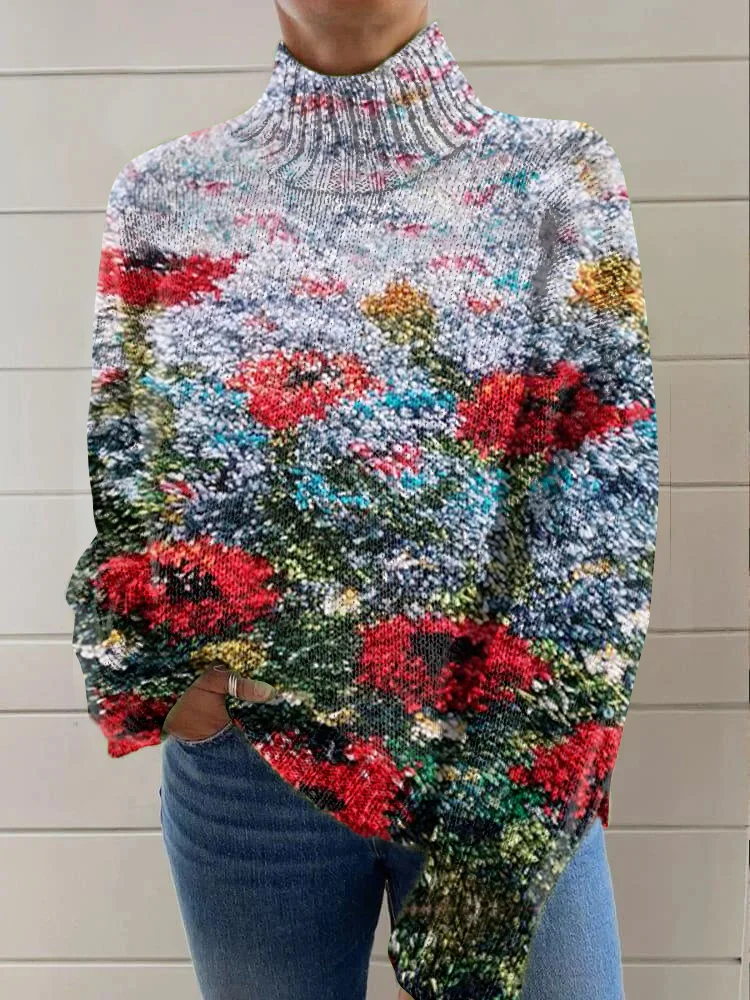Women's Floral Art Print Knit Sweatshirt