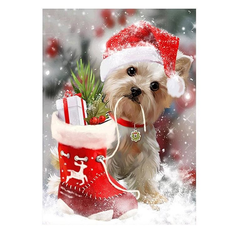 Dog Christmas Xmas - Round Drill Diamond Painting - 30x40cm(Canvas)