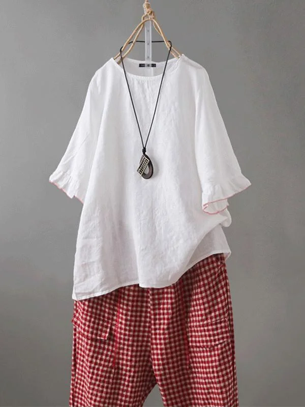 Retro button casual top round neck flared sleeve cotton shirt