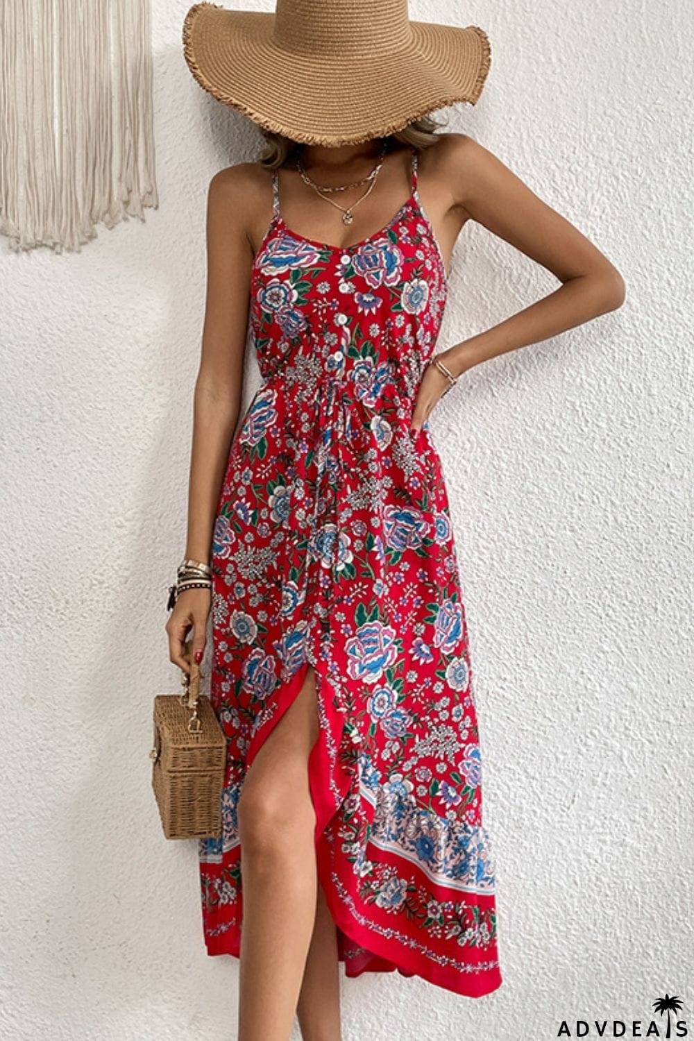 Bohemian Decorative Button Spaghetti Strap Dress