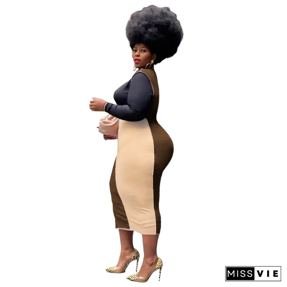 Plus Size Color Block O-Neck Bodycon Pencil Dress