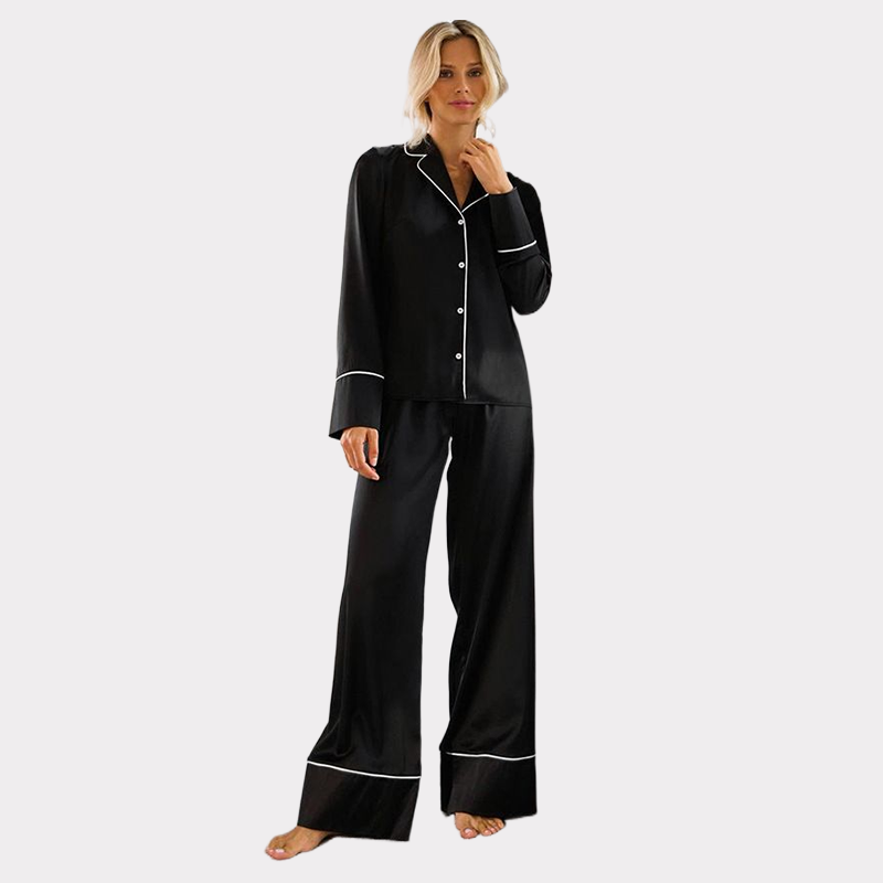 Personnalisé-22 Momme Noir Silk Pajamas et Passepoil blanc- SOIE PLUS