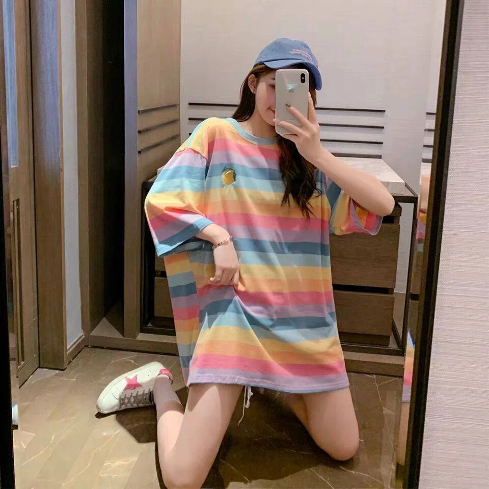 Rainbow Print Japan Harajuku Hip Hop T-shirts Women Summer Short Sleeve Loose Tops Women 2021 Cute Oversized T Shirts Females