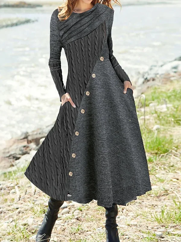 Round Neck Button Knit Long Sleeve Ladies Dress