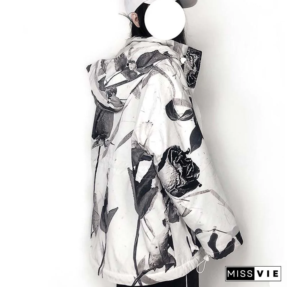 Dry Rose Pattern Print Shirt Hooded Coat