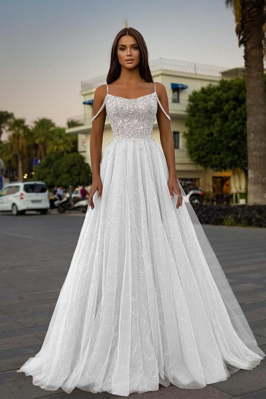 Daisda Tulle A-Line Long Spaghetti-Straps Prom Dress With Sequins Beads