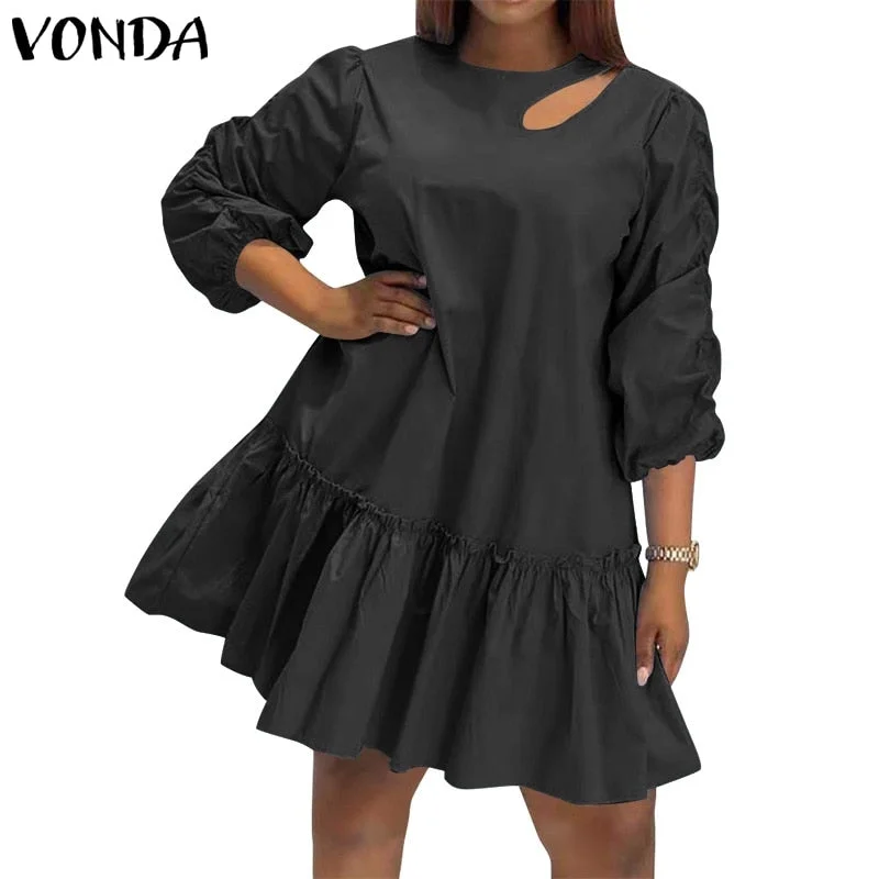 Summer Dress VONDA 2022 Women Sundress Puff Sleeve 3/4 Sleeve Ruffled Party Dress Beach Bohemian Vestidos Femme Sundress