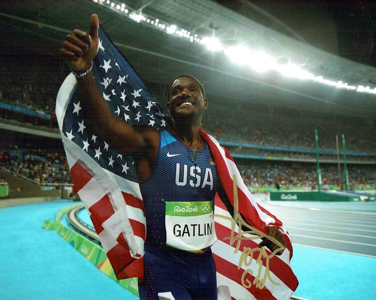 Justin GATLIN Autograph Signed 10x8 Photo Poster painting 1 AFTAL COA USA Olympics AFTAL RD COA