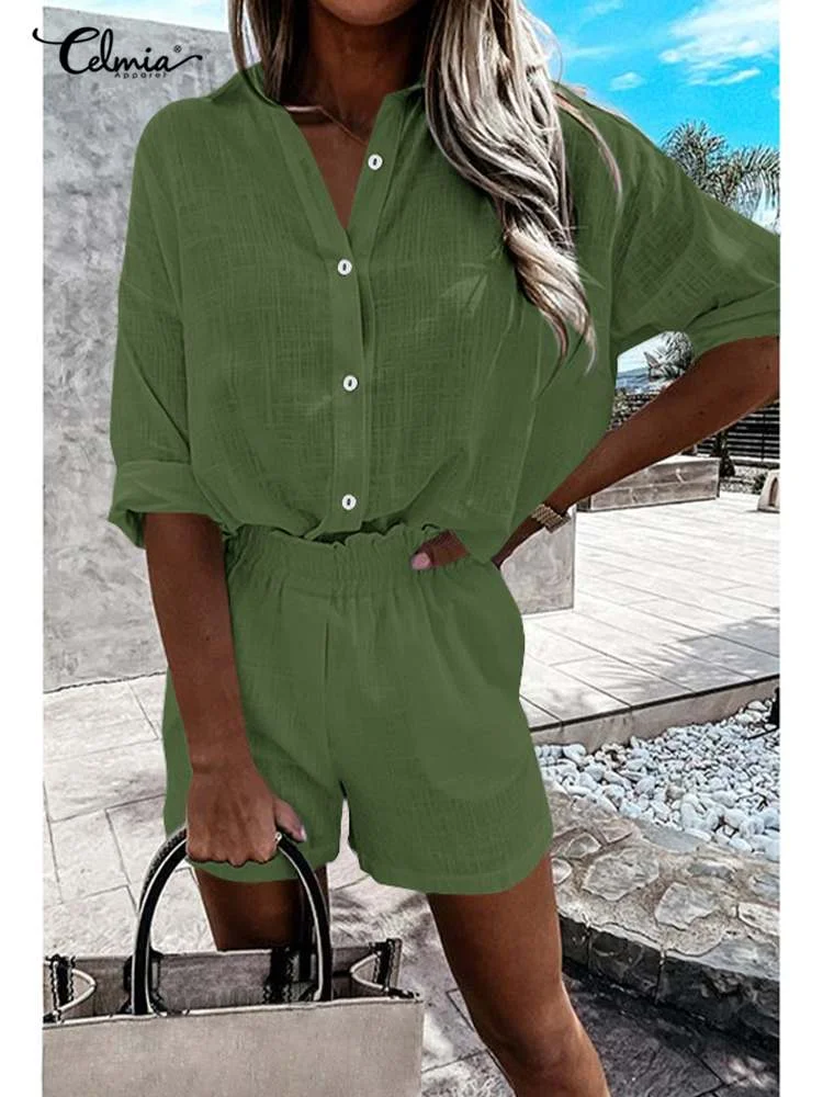 Summer Women Sets Celmia Lightweight Lapel Long Sleeve Shirt and Pleats Elastic Waist Short Suits Casual Cotton 2 PCS Short Sets