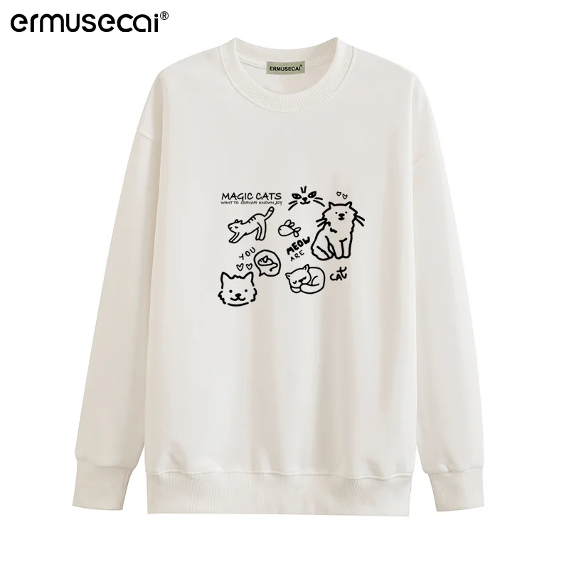 Athvotar Athvotar Cotton Cotton Composite Milk Silk 350G) Autumn And Winter New Cat Print Loose Hooded Sweater