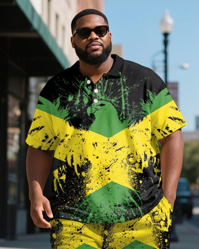 Men's Plus Size Green Yellow Black Colorblock Eagle Print Short-sleeved Polo Shirt Shorts Suit