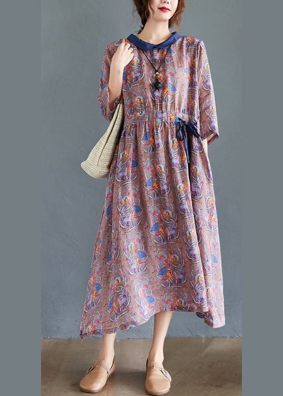 Boho Tie Waist Print Pockets Fall Mid Dress Half Sleeve CK563- Fabulory