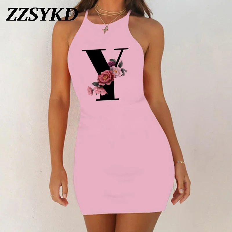 26 English Alphabet Print Summer Sexy Clothes Women Dresses 2020 Plus Size Dress Bodycon Evening Party O-Neck Pink Mini Vestidos